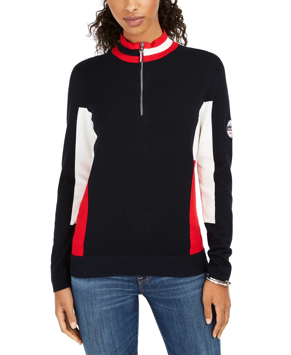 Tommy Hilfiger Suéter Feminino de Algodão com Gola Redonda e Bandeira Azul Tamanho Médio