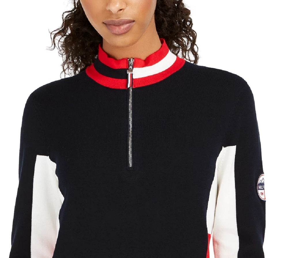 Tommy Hilfiger Suéter Feminino de Algodão com Gola Redonda e Bandeira Azul Tamanho Médio
