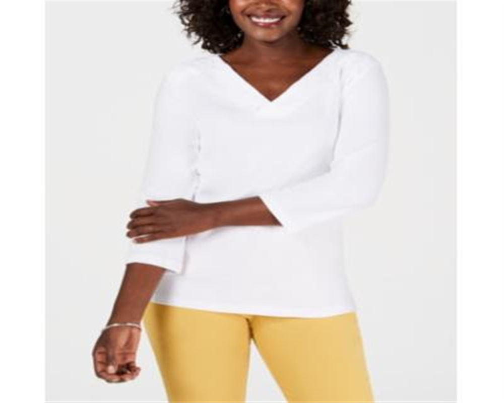 Karen Scott Blusa feminina de algodão com decote em V e ilhós, branca, tamanho pequeno G