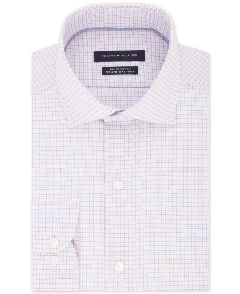 Camisa social masculina Tommy Hilfiger Classic/Regular Fit, sem passar a ferro, Thflex Supima Stretch Check, azul brilhante, tamanho 15,5 x 34-35