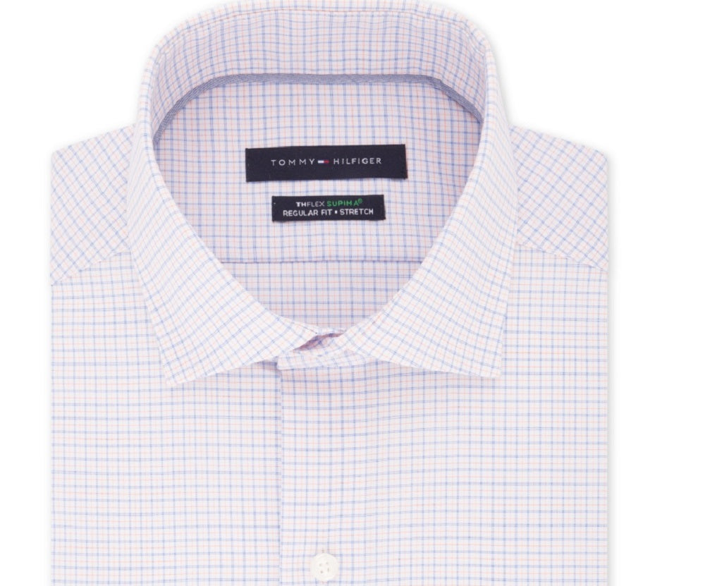 Camisa social masculina Tommy Hilfiger Classic/Regular Fit, sem passar a ferro, Thflex Supima Stretch Check, azul brilhante, tamanho 15,5 x 34-35