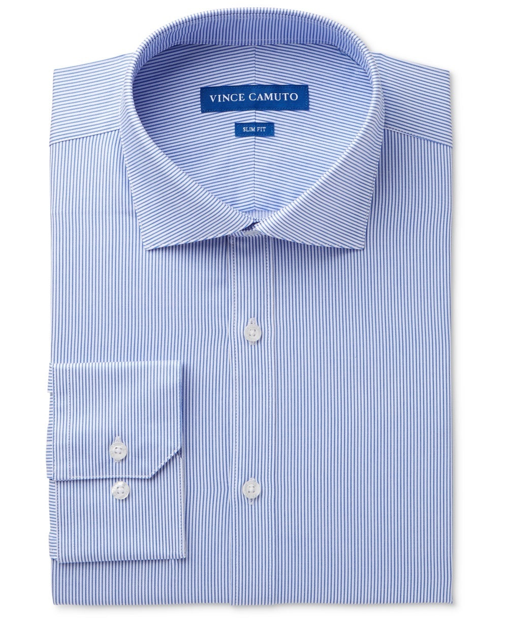 Camisa social masculina Vince Camuto com listras claras e botões, azul, tamanho 17