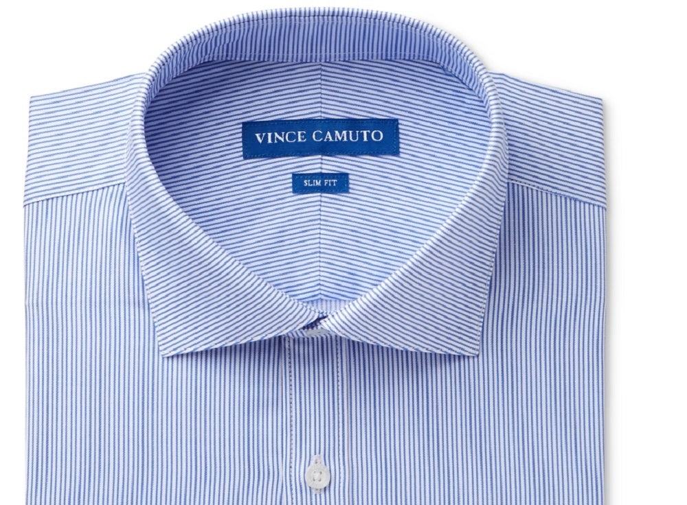 Camisa social masculina Vince Camuto com listras claras e botões, azul, tamanho 17