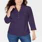Camisa utilitária feminina Karen Scott de algodão com gola Johnny - Roxa, tamanho grande