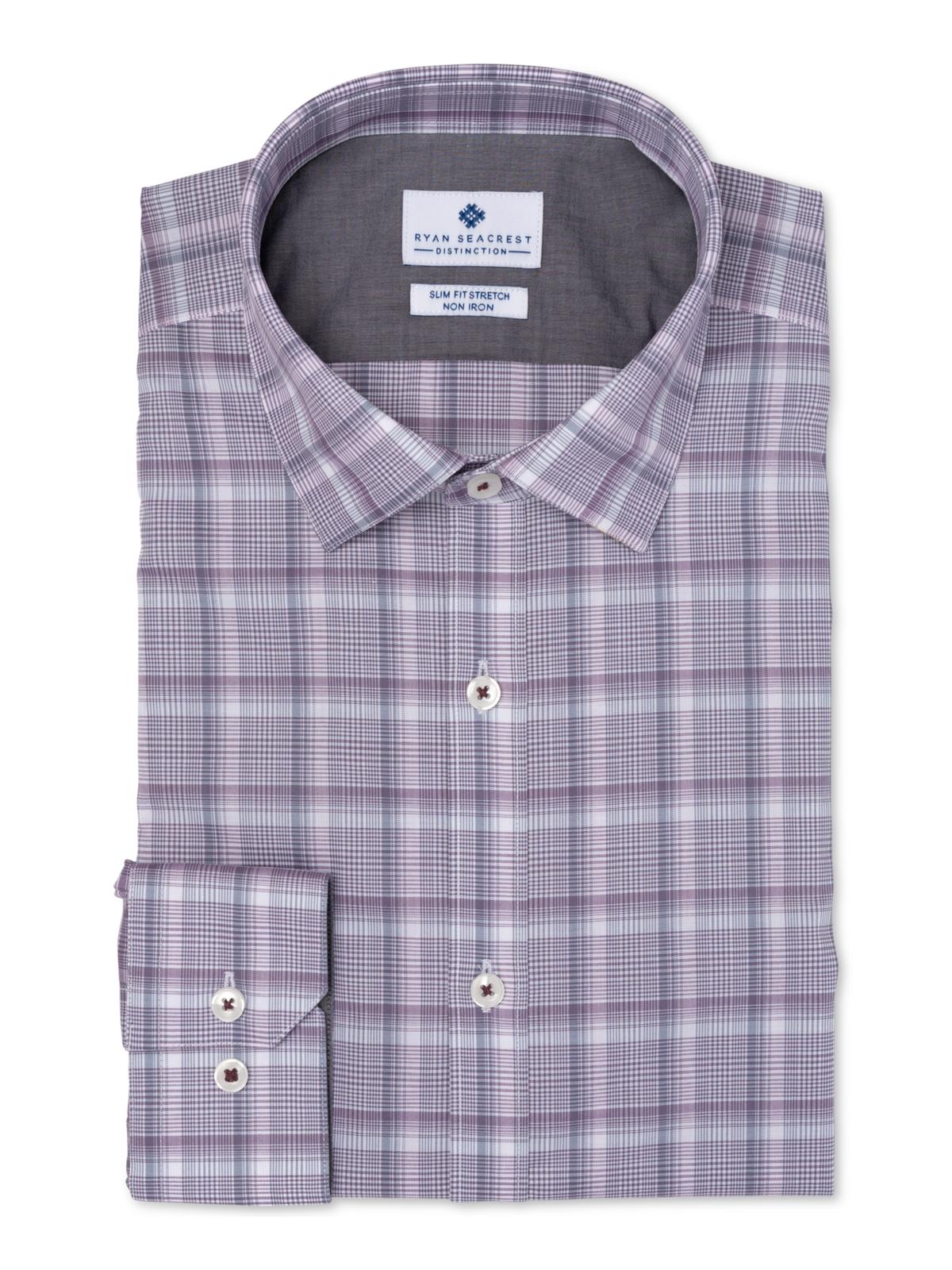 Camisa xadrez masculina Ryan Seacrest Distinction de algodão, roxa, tamanho 15,5 x 32-33
