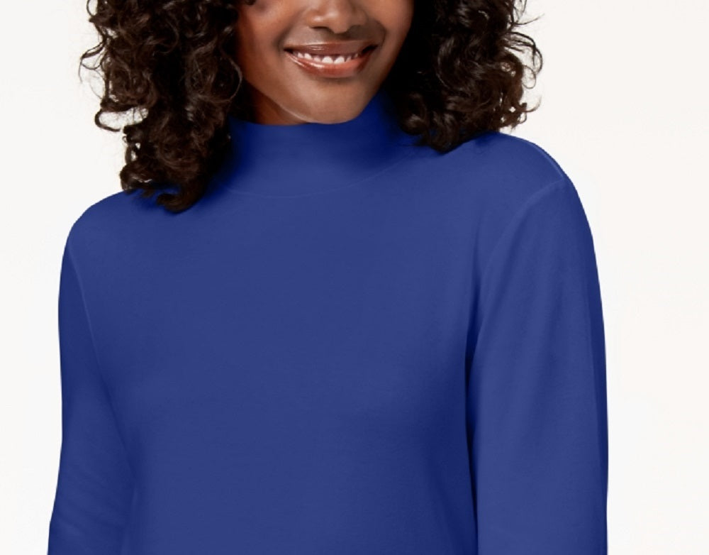 Blusa de gola alta de algodão Karen Scott feminina, azul escuro, tamanho pequeno