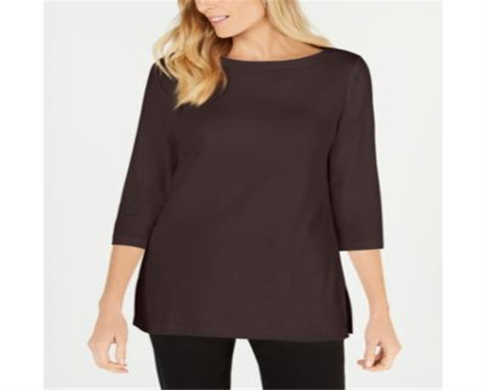 Karen Scott Blusa de malha feminina de algodão com decote canoa e manga 3/4, marrom, tamanho grande