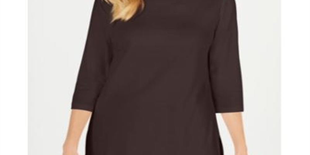Karen Scott Blusa de malha feminina de algodão com decote canoa e manga 3/4, marrom, tamanho grande