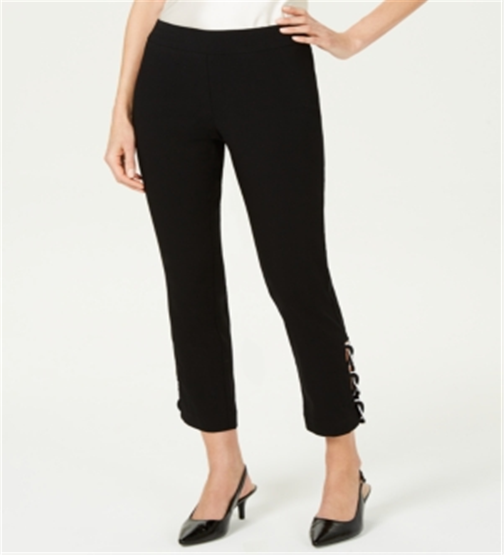 Calça feminina com cadarço contrastante e tornozelo JM Collection, preta, tamanho médio