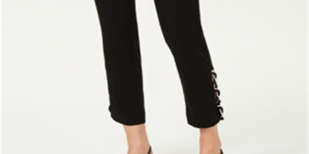 Calça feminina com cadarço contrastante e tornozelo JM Collection, preta, tamanho médio