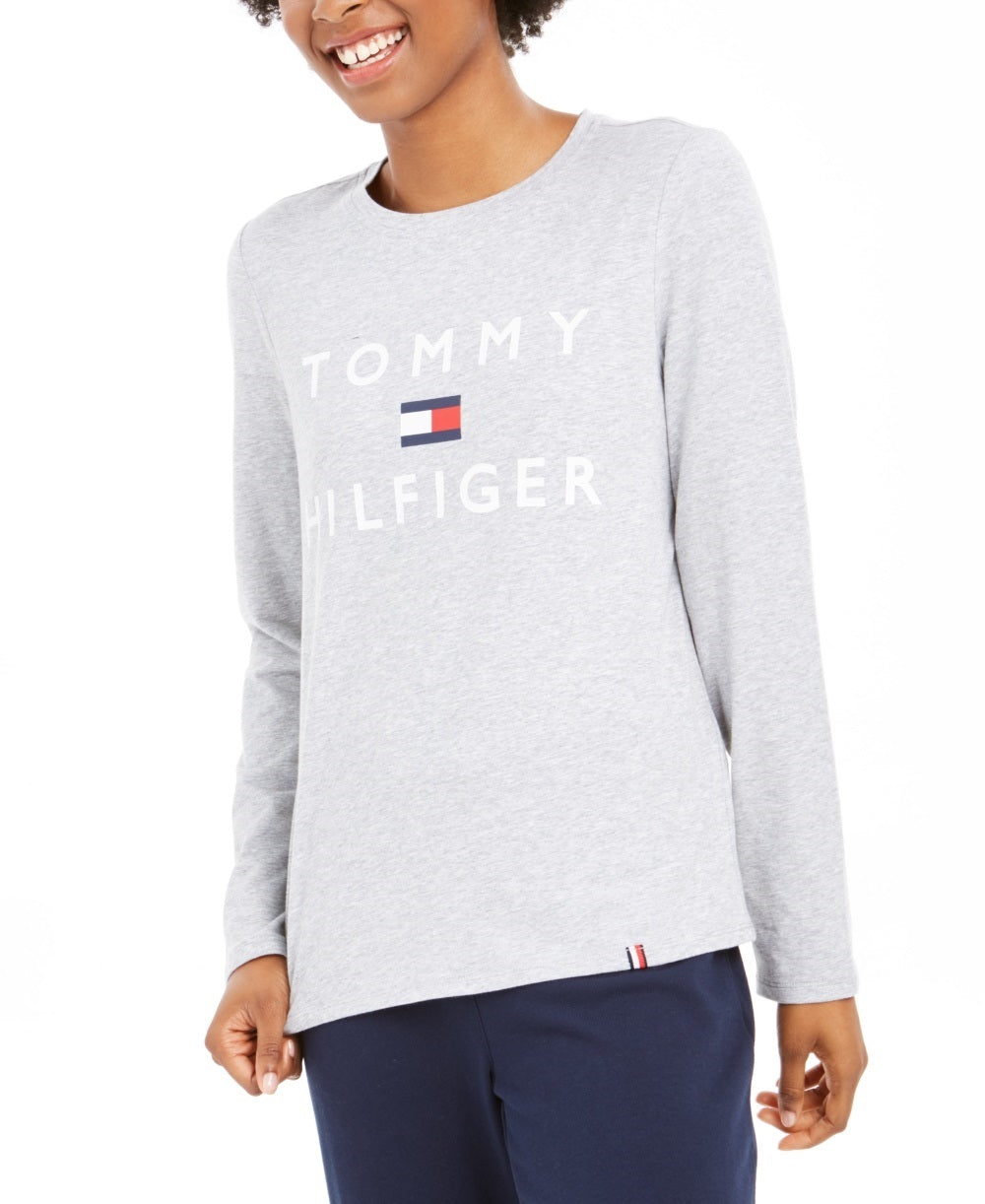 Camisa feminina Tommy Hilfiger Sport Logo manga comprida prata tamanho médio