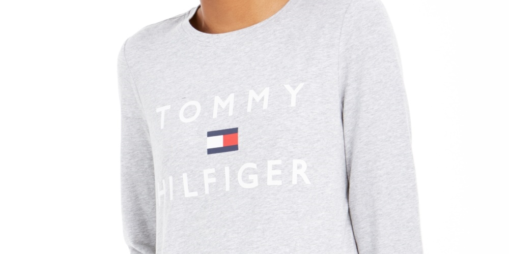 Camisa feminina Tommy Hilfiger Sport Logo manga comprida prata tamanho médio
