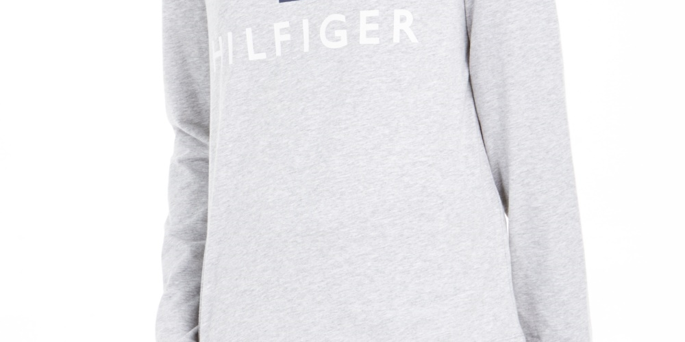 Camisa feminina Tommy Hilfiger Sport Logo manga comprida prata tamanho médio