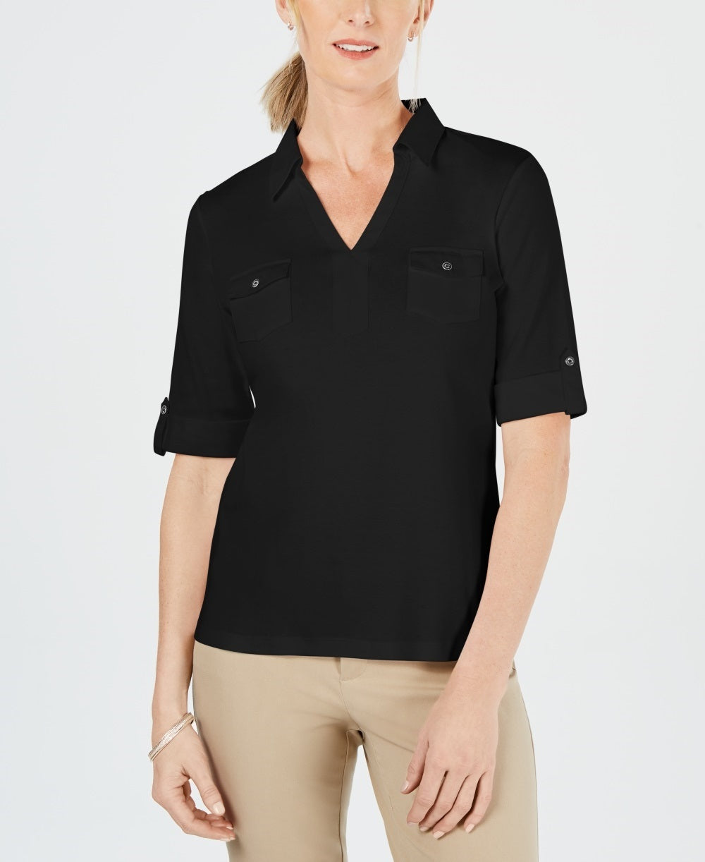 Karen Scott Top Feminino de Algodão Johnny-Collar Preto Tamanho P
