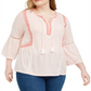 Blusa estilo camponesa feminina estilo &amp; co plus size crochê com acabamento em sino e listras brancas/rosa tamanho 0X