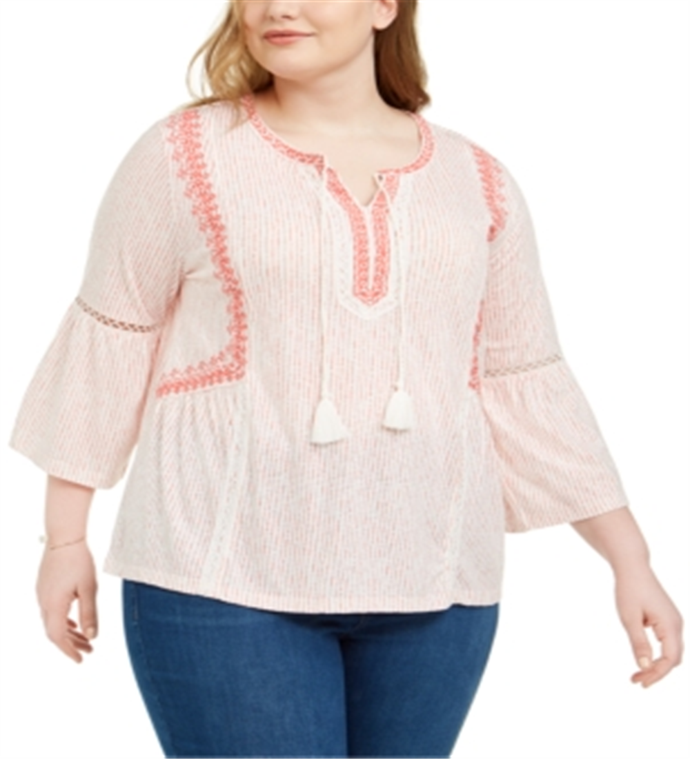 Blusa estilo camponesa feminina estilo &amp; co plus size crochê com acabamento em sino e listras brancas/rosa tamanho 0X
