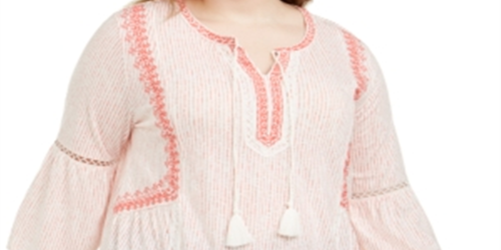 Blusa estilo camponesa feminina estilo &amp; co plus size crochê com acabamento em sino e listras brancas/rosa tamanho 0X