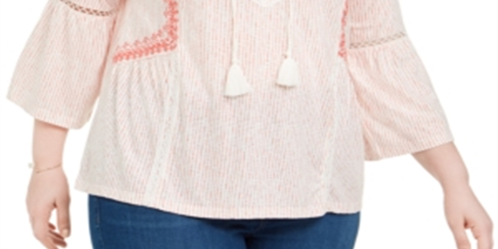 Blusa estilo camponesa feminina estilo &amp; co plus size crochê com acabamento em sino e listras brancas/rosa tamanho 0X