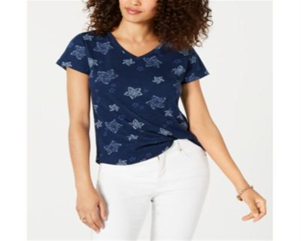 Camiseta feminina estampada com decote em V, estilo &amp; co, azul, tamanho pequeno GG