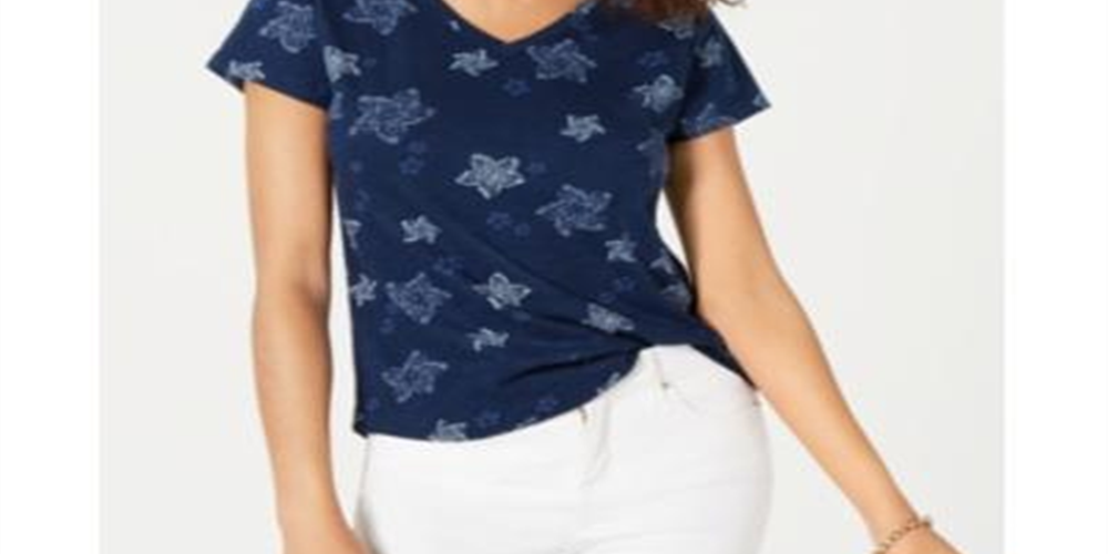Camiseta feminina estampada com decote em V, estilo &amp; co, azul, tamanho pequeno GG
