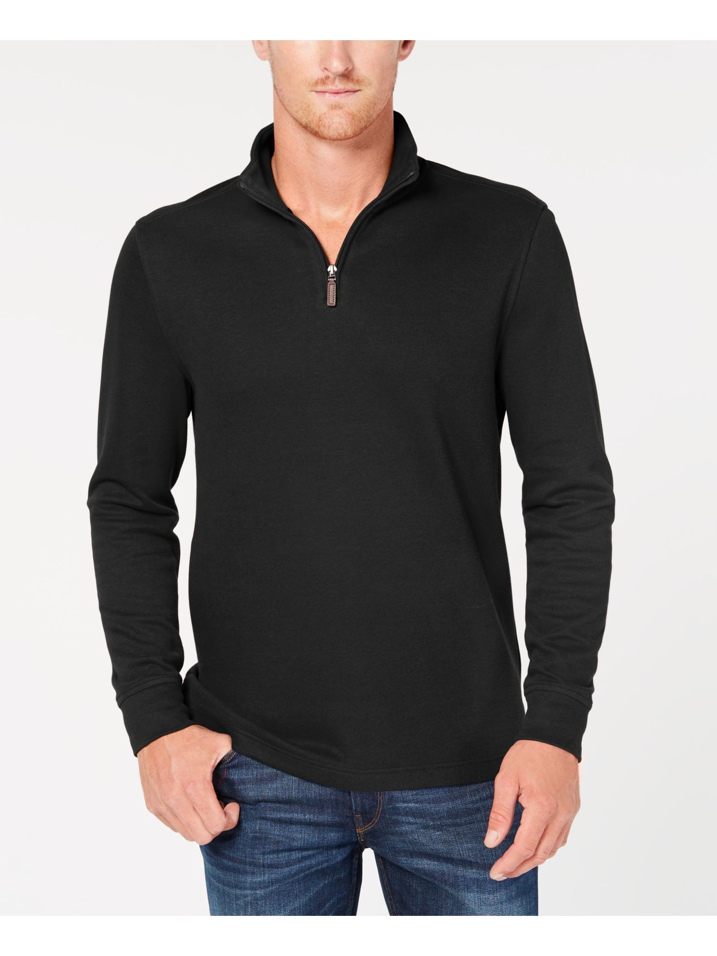 Suéter masculino Club Room com zíper de um quarto e canelado francês, preto, tamanho GG