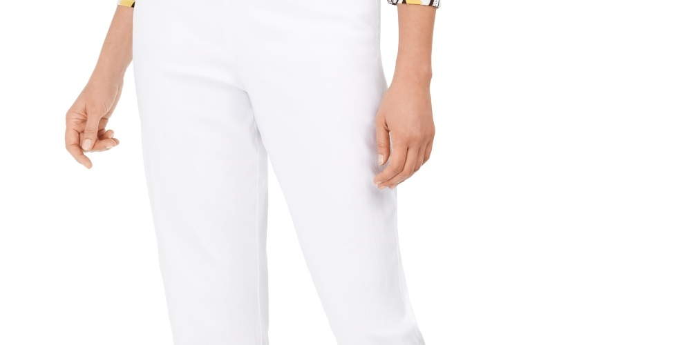 Calça capri feminina com bainha enfeitada, branca, tamanho X-S