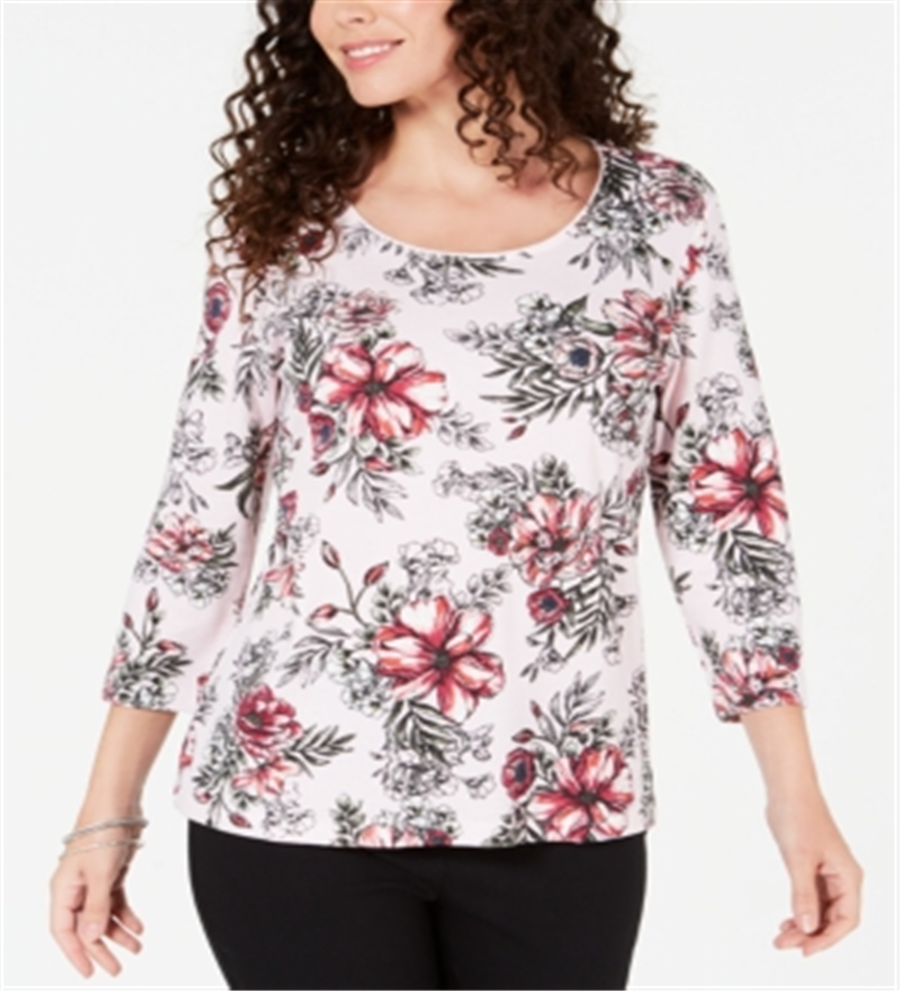 Karen Scott Blusa feminina estampada com decote redondo e estampa floral rosa tamanho pequeno GG
