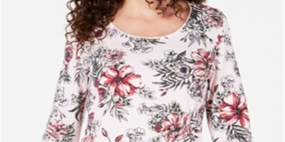 Karen Scott Blusa feminina estampada com decote redondo e estampa floral rosa tamanho pequeno GG