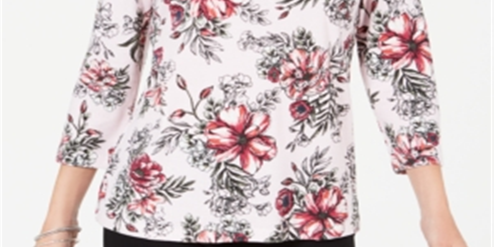 Karen Scott Blusa feminina estampada com decote redondo e estampa floral rosa tamanho pequeno GG