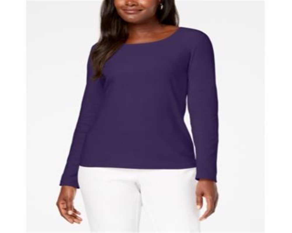 Karen Scott Blusa feminina de algodão com decote redondo, roxa, tamanho extragrande