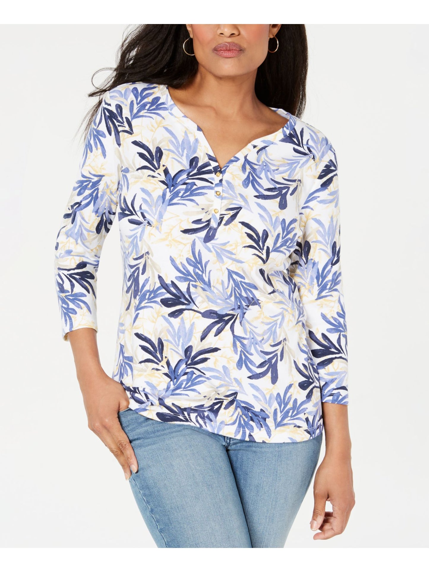 Camisa Henley Estampada Feminina Karen Scott Azul Tamanho Pequeno