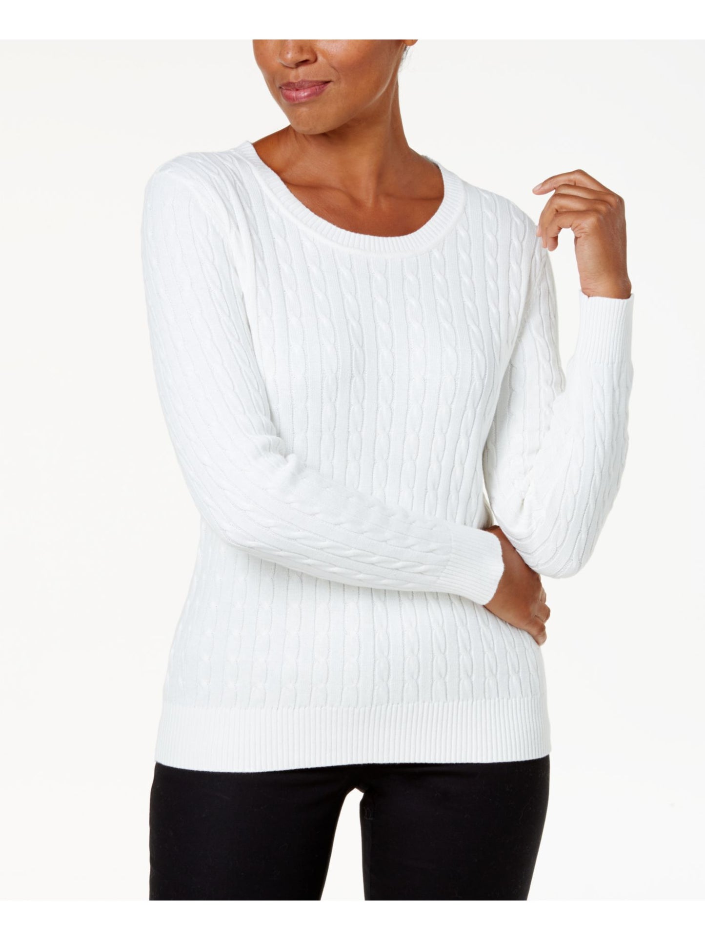 Karen Scott Suéter Feminino de Malha Elástica com Manga Longa e Gola Redonda, Branco, Tamanho Pequeno