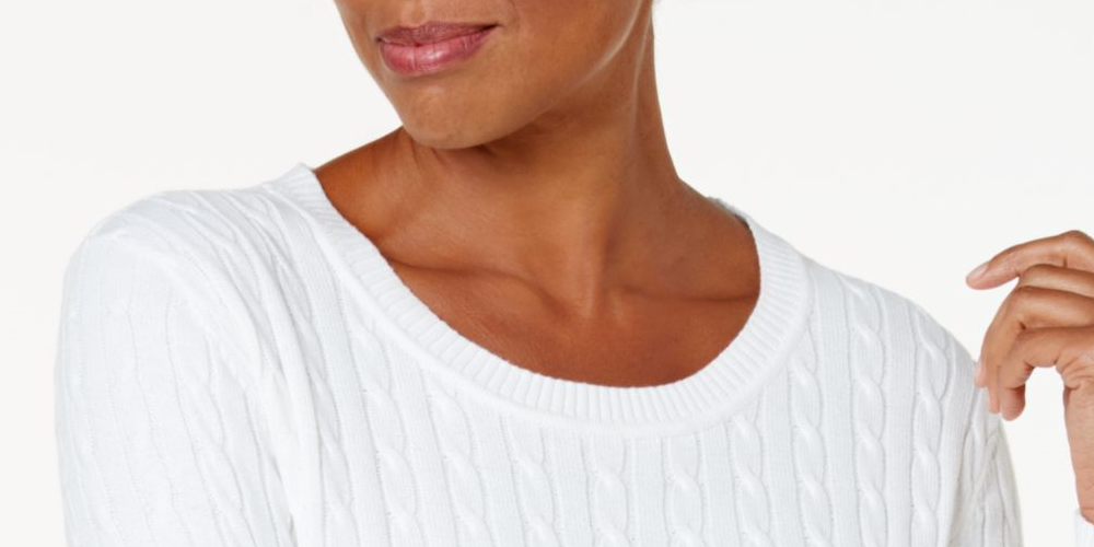 Karen Scott Suéter Feminino de Malha Elástica com Manga Longa e Gola Redonda, Branco, Tamanho Pequeno