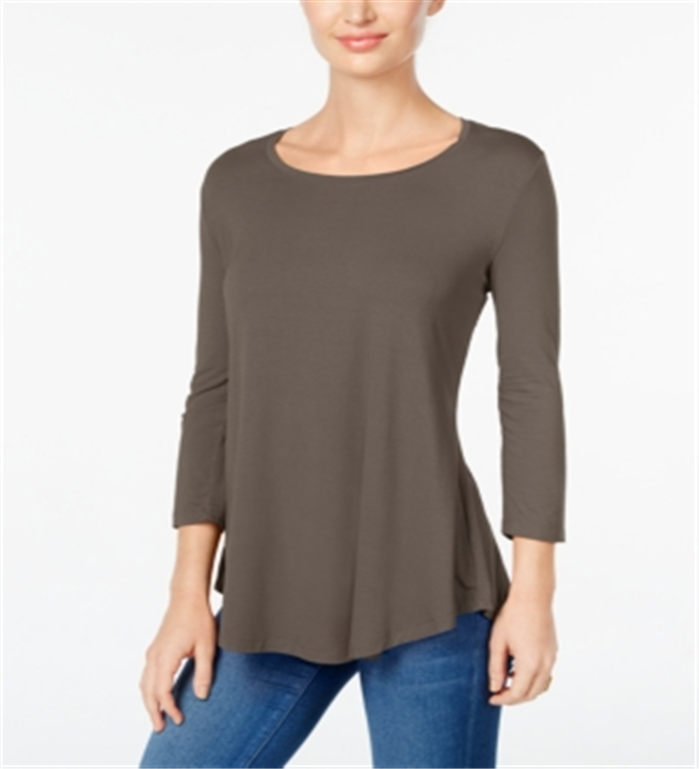 Camiseta feminina JM Collection com decote redondo e manga 3/4, marrom, tamanho Petite G
