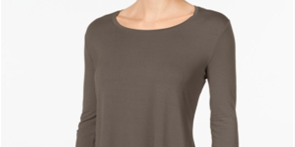 Camiseta feminina JM Collection com decote redondo e manga 3/4, marrom, tamanho Petite G