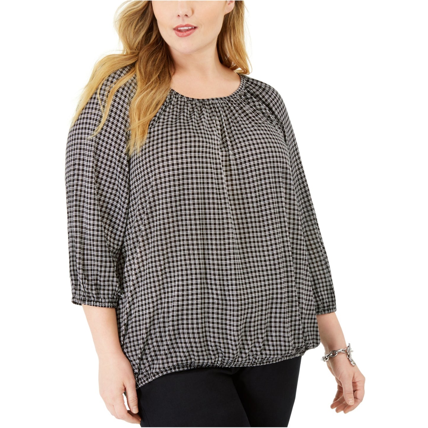 Top feminino plus size micro xadrez camponês Michael Kors, preto, tamanho 3X