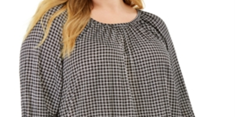 Top feminino plus size micro xadrez camponês Michael Kors, preto, tamanho 3X