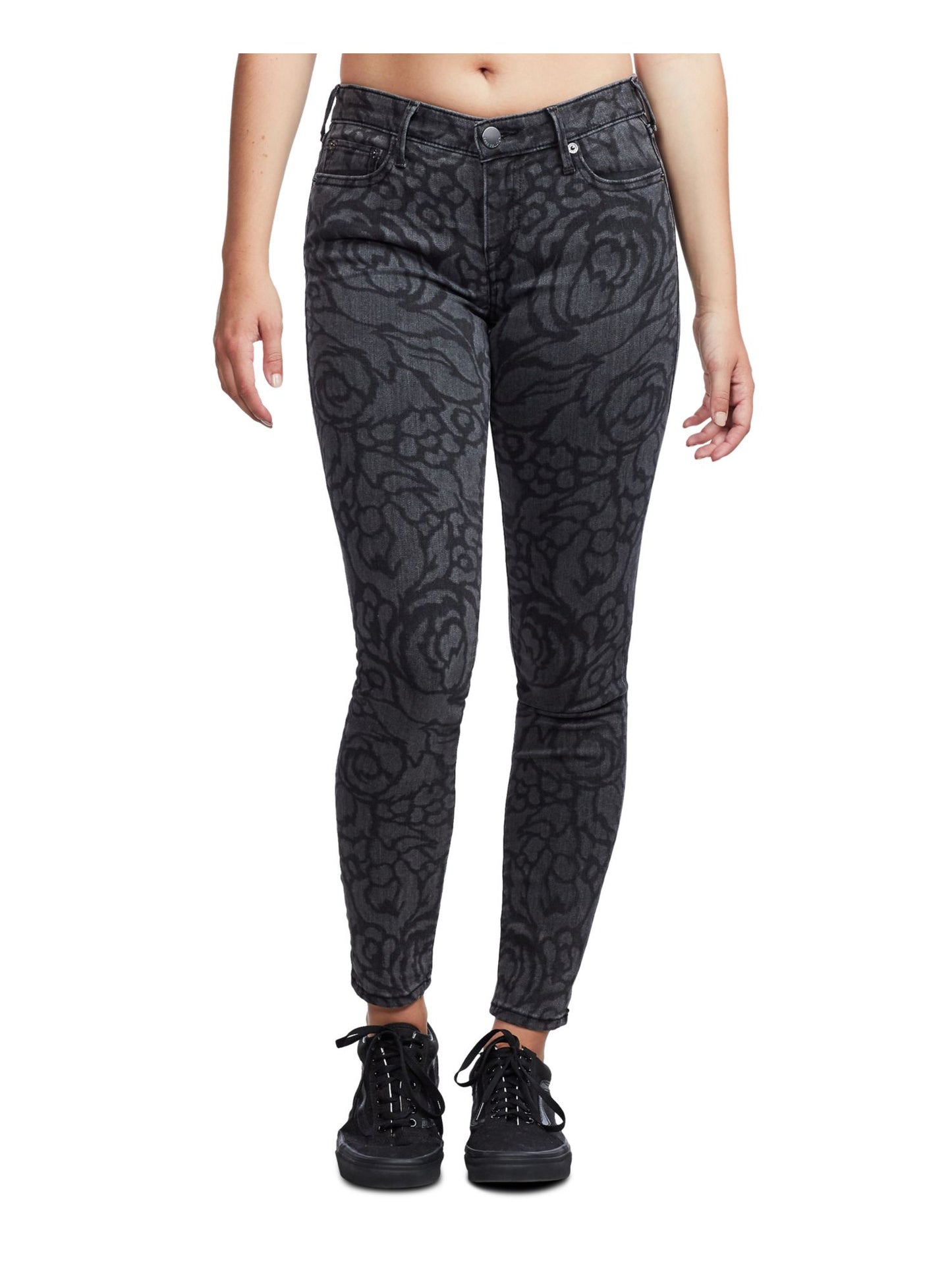 Calça skinny estampada feminina True Religion, preta, tamanho 28