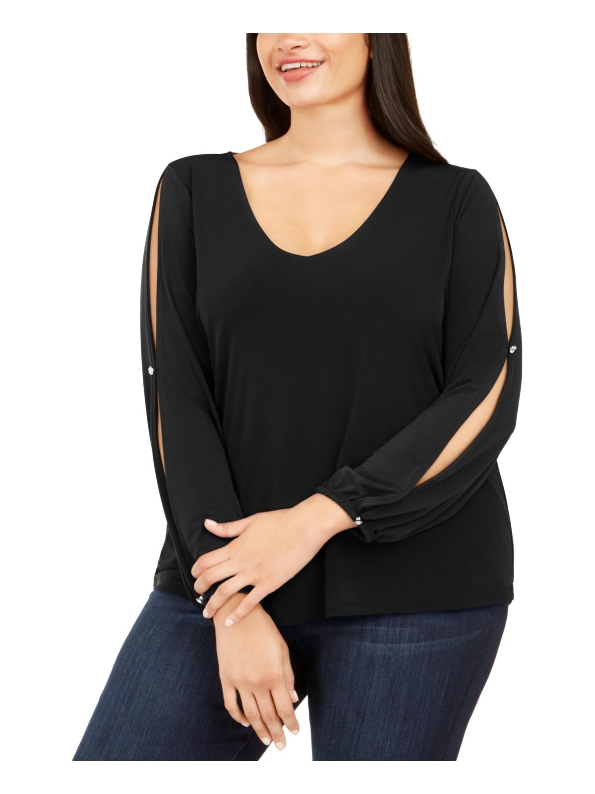 INC International Concepts Top feminino plus size com fenda e contas, preto, tamanho 0X