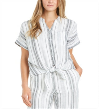 Charter Club Women's Linen Striped Tie Top White Size 2XL