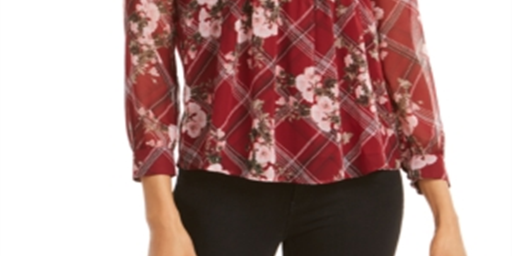 Top feminino Charter Club com estampa mista e decote dividido, tamanho Cranberry, pequeno, P/M