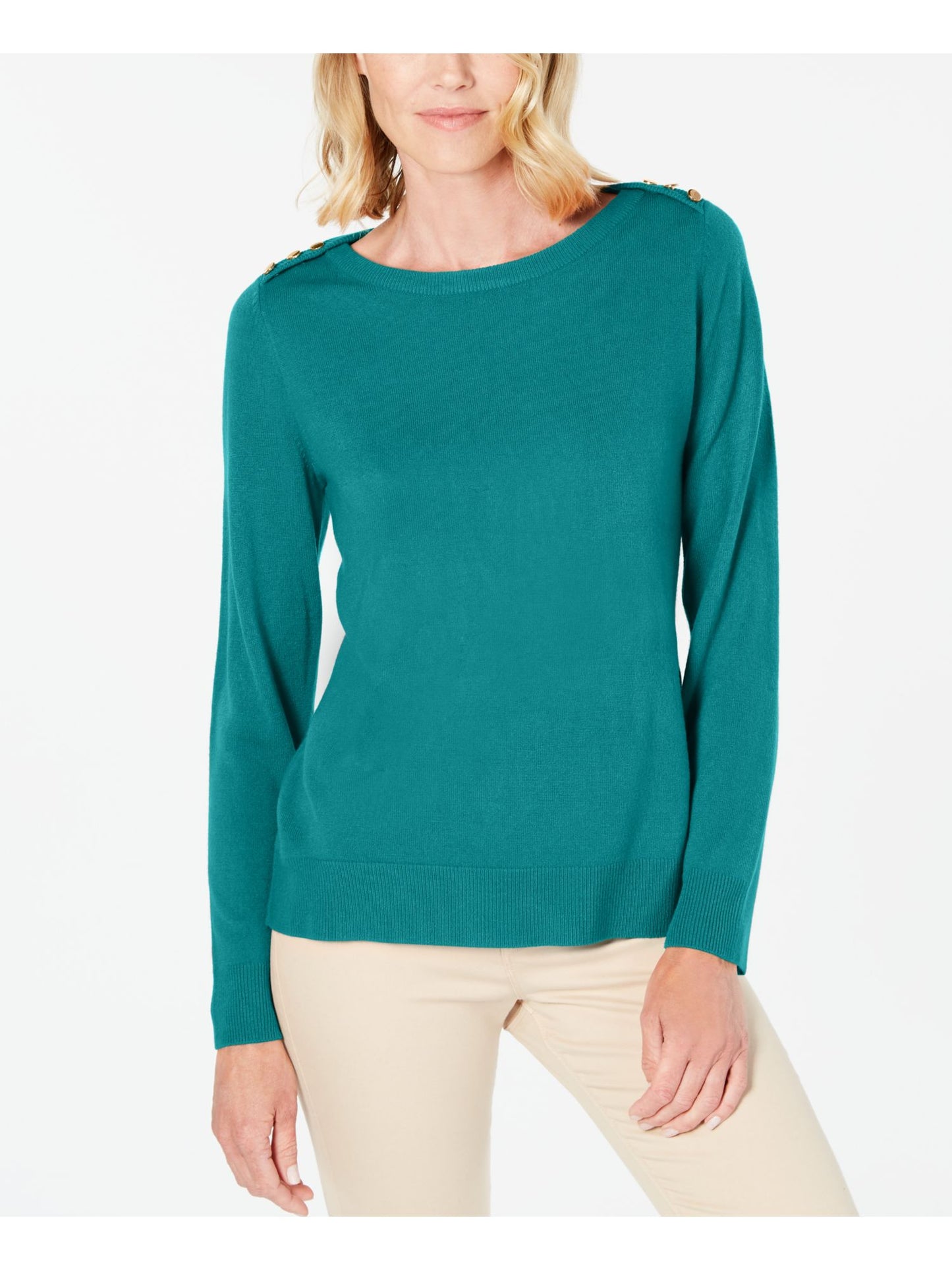 Blusa feminina Karen Scott lisa, manga comprida, gola redonda, verde oceano, tamanho médio
