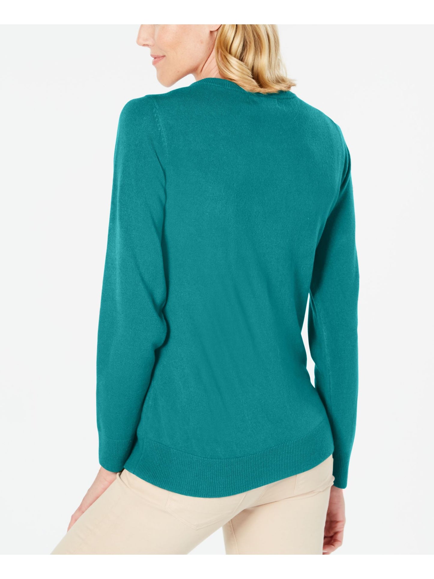 Blusa feminina Karen Scott lisa, manga comprida, gola redonda, verde oceano, tamanho médio