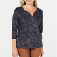 Blusa feminina Karen Scott com estampa de folhas e manga 3/4, azul, tamanho pequeno e grande