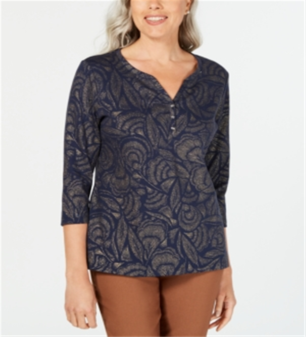 Blusa feminina Karen Scott com estampa de folhas e manga 3/4, azul, tamanho pequeno e grande