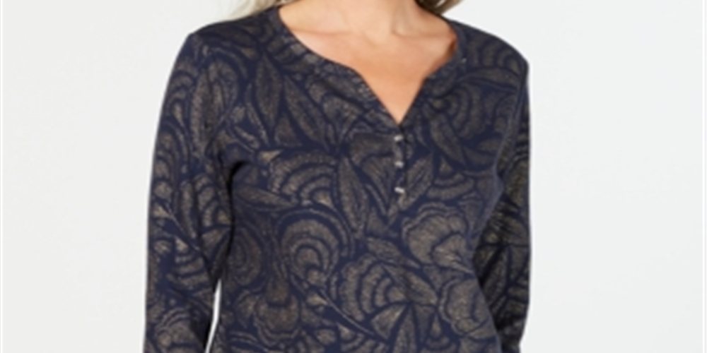 Blusa feminina Karen Scott com estampa de folhas e manga 3/4, azul, tamanho pequeno e grande