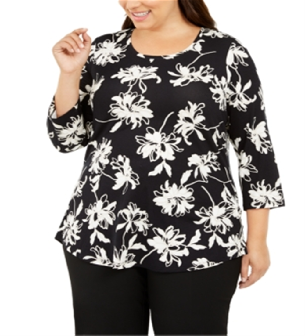 JM Collection Top feminino estampado com decote redondo e tamanho pequeno, preto, tamanho XL