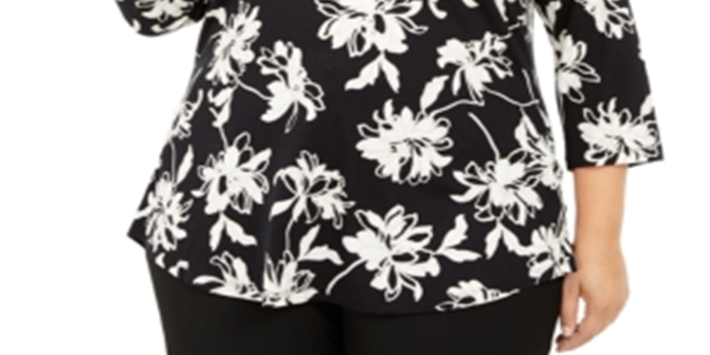 JM Collection Top feminino estampado com decote redondo e tamanho pequeno, preto, tamanho XL