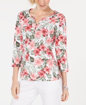 Blusa feminina Karen Scott com estampa floral e manga 3/4, laranja, tamanho pequeno