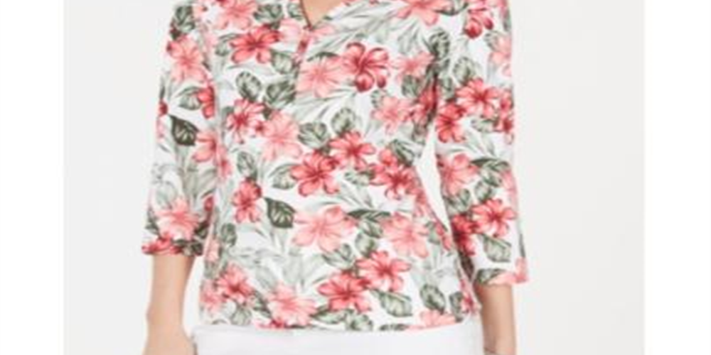 Blusa feminina Karen Scott com estampa floral e manga 3/4, laranja, tamanho pequeno